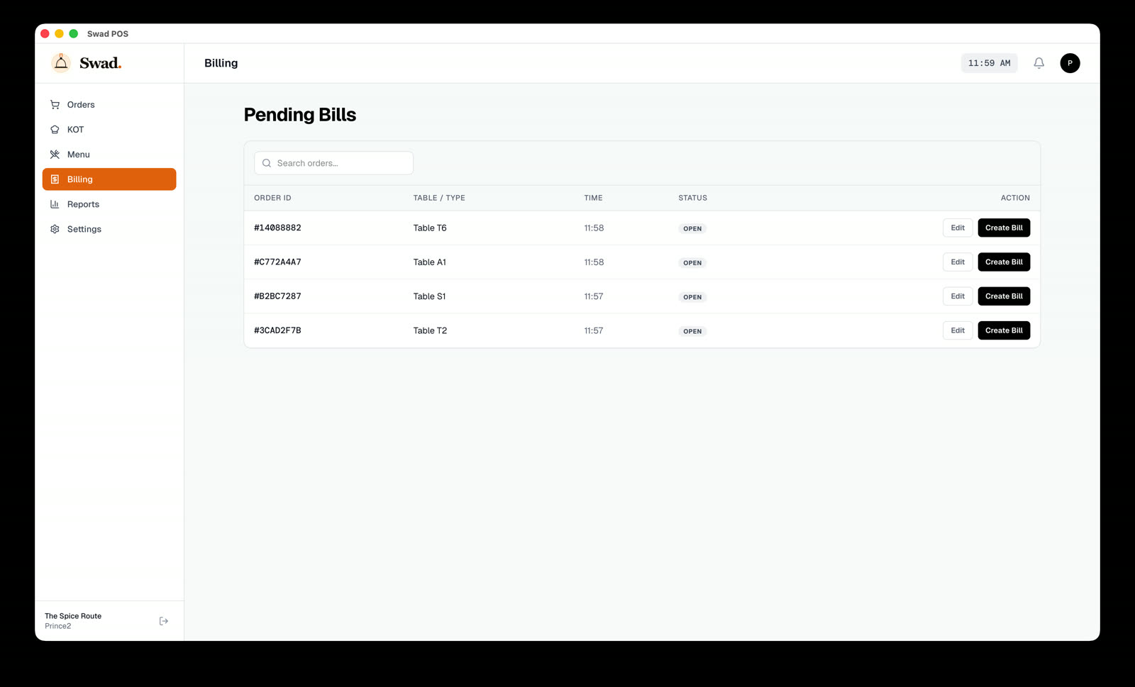 SwadPOS Smart billing ledger screen