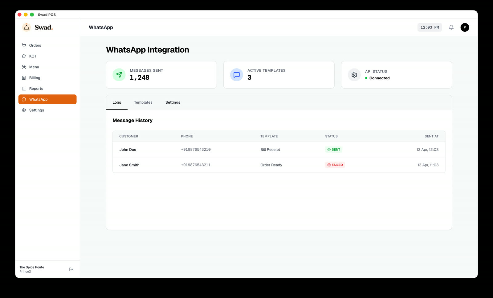 SwadPOS WhatsApp CRM screen