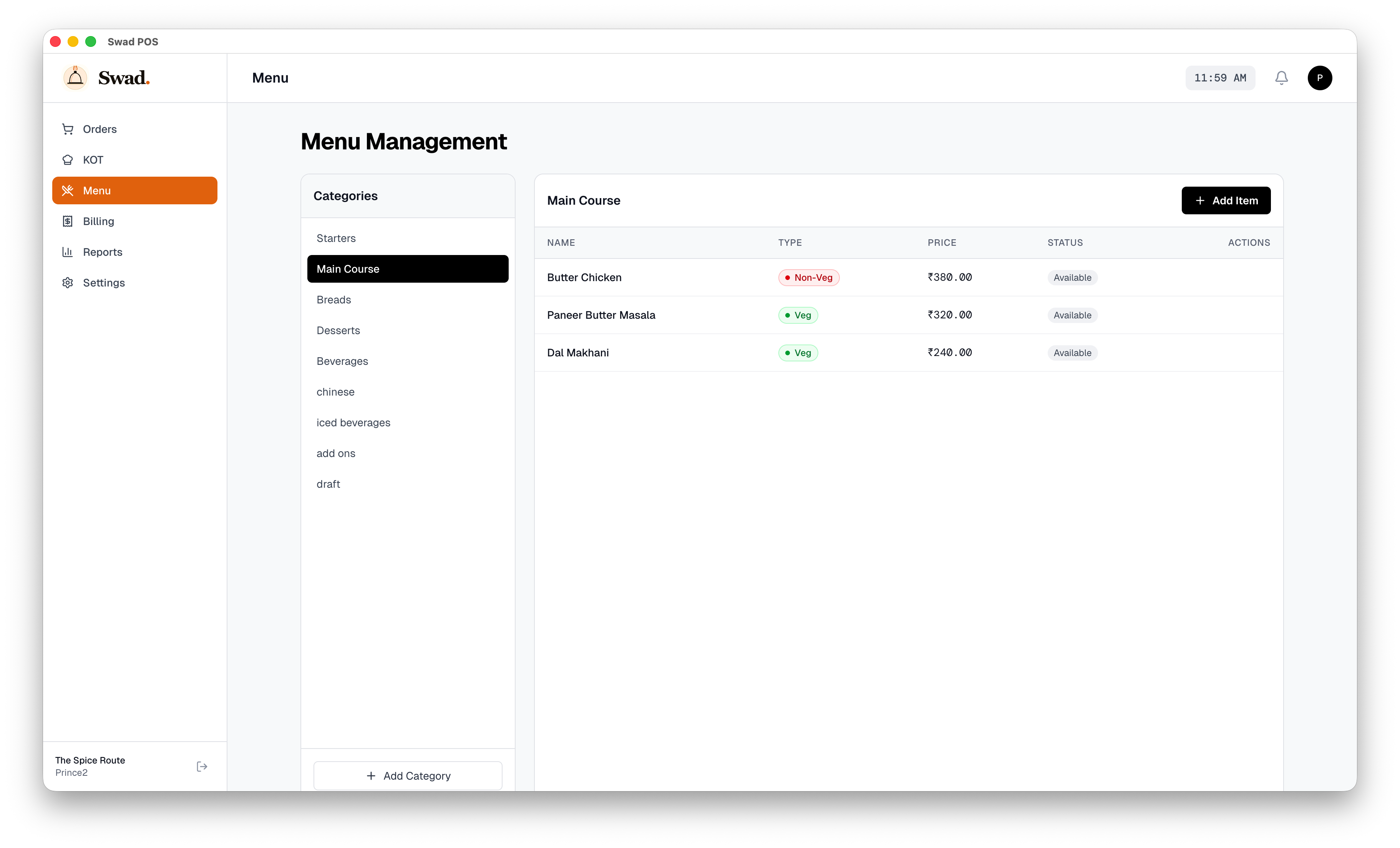 SwadPOS Dynamic Menu Builder - Update pricing, availability, and categories in real-time
