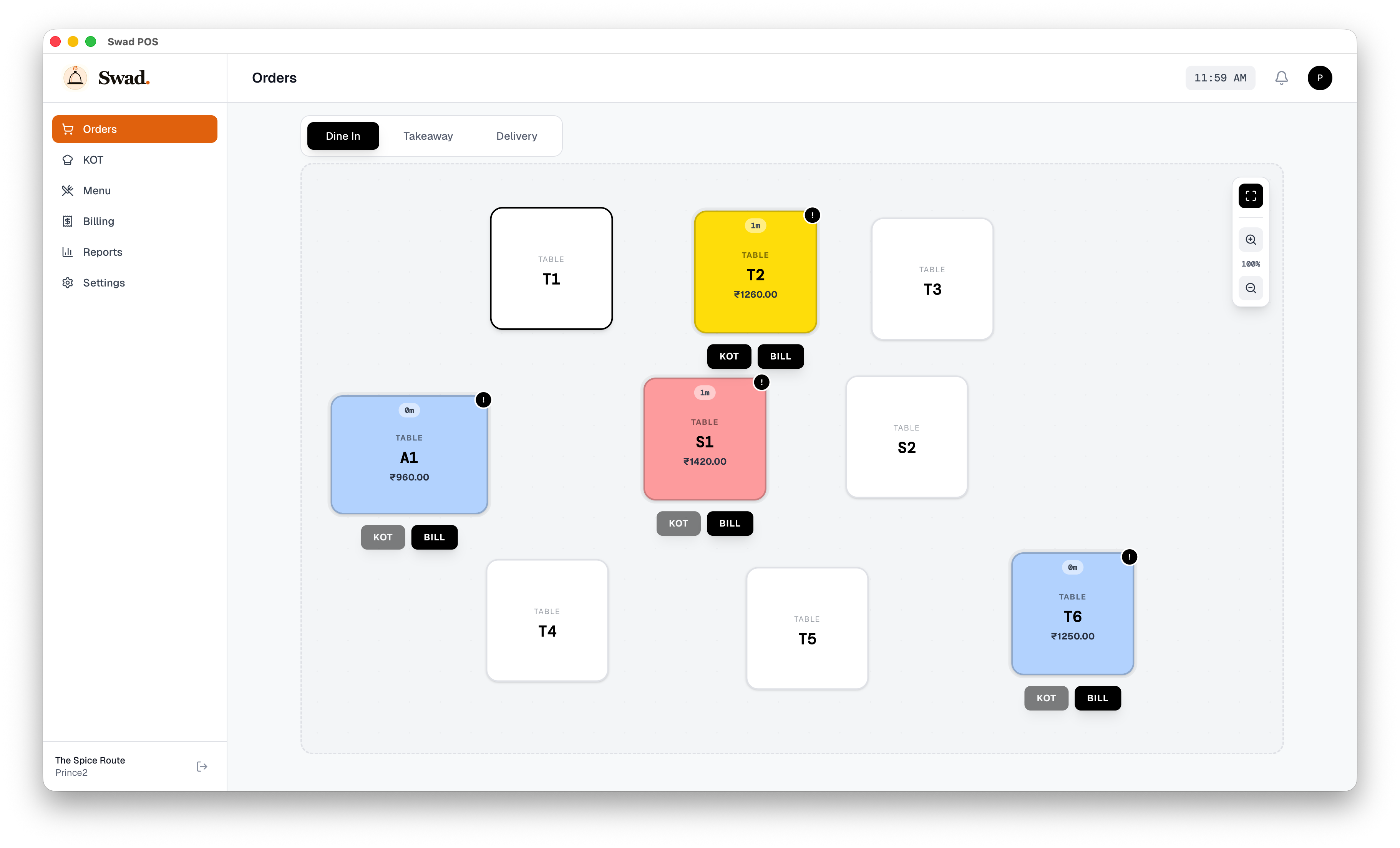SwadPOS Table Management Dashboard - Real-time seat tracking and cloud-based table control