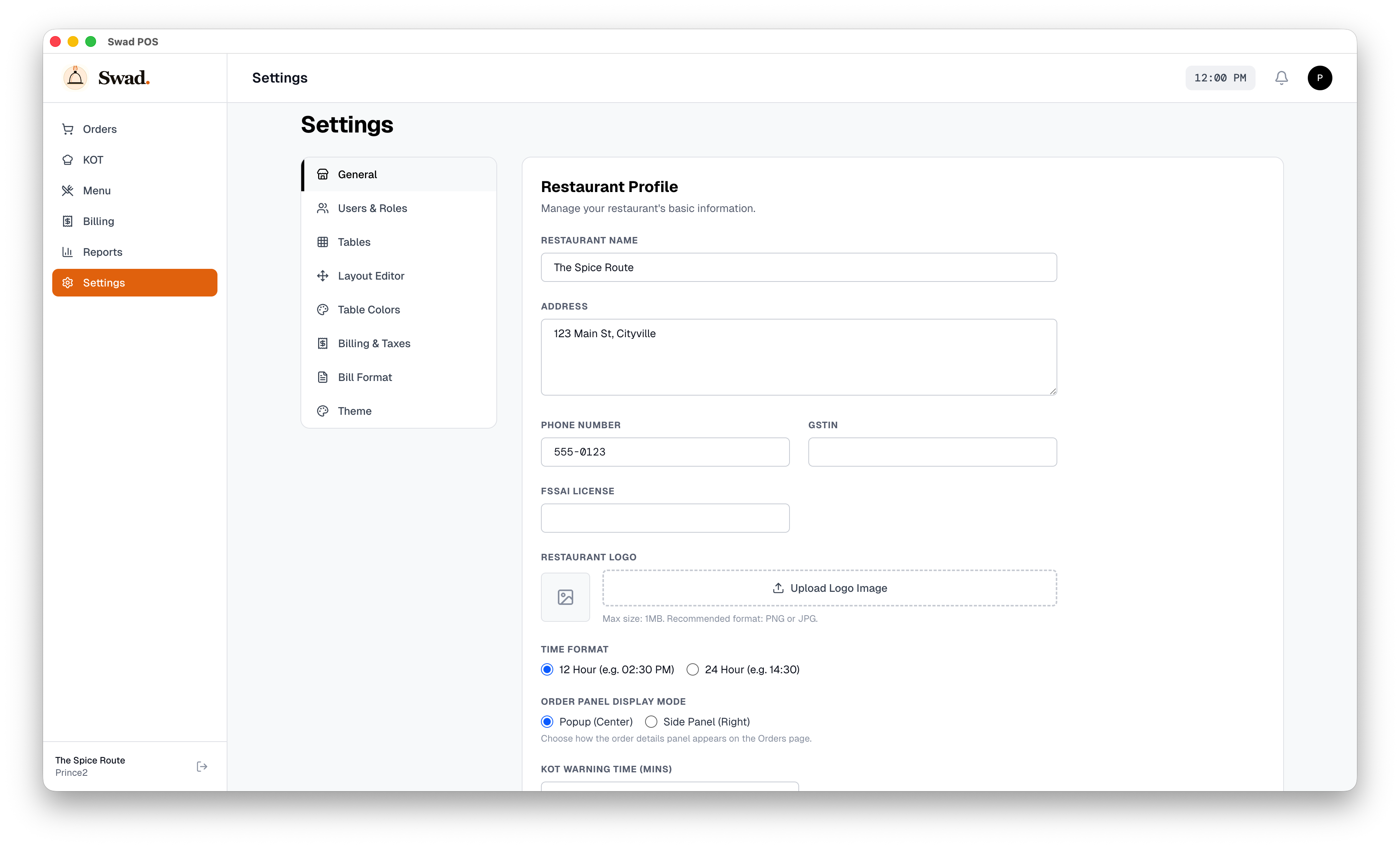 SwadPOS Global Settings - Complete customization for restaurant profiles, taxes, and bill formats