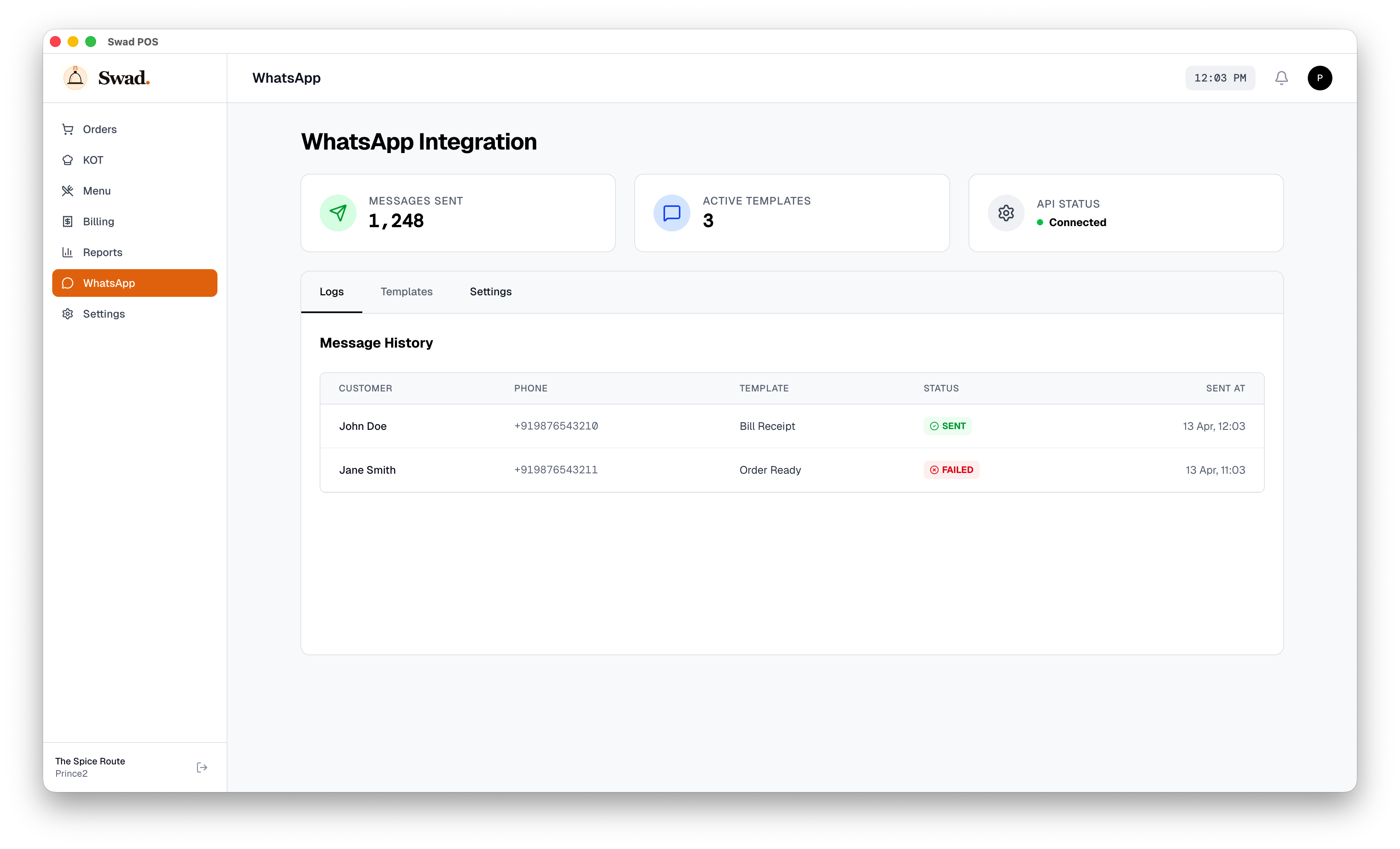 SwadPOS WhatsApp CRM Hub - Automated digital receipts and AI-driven marketing via WhatsApp Official API
